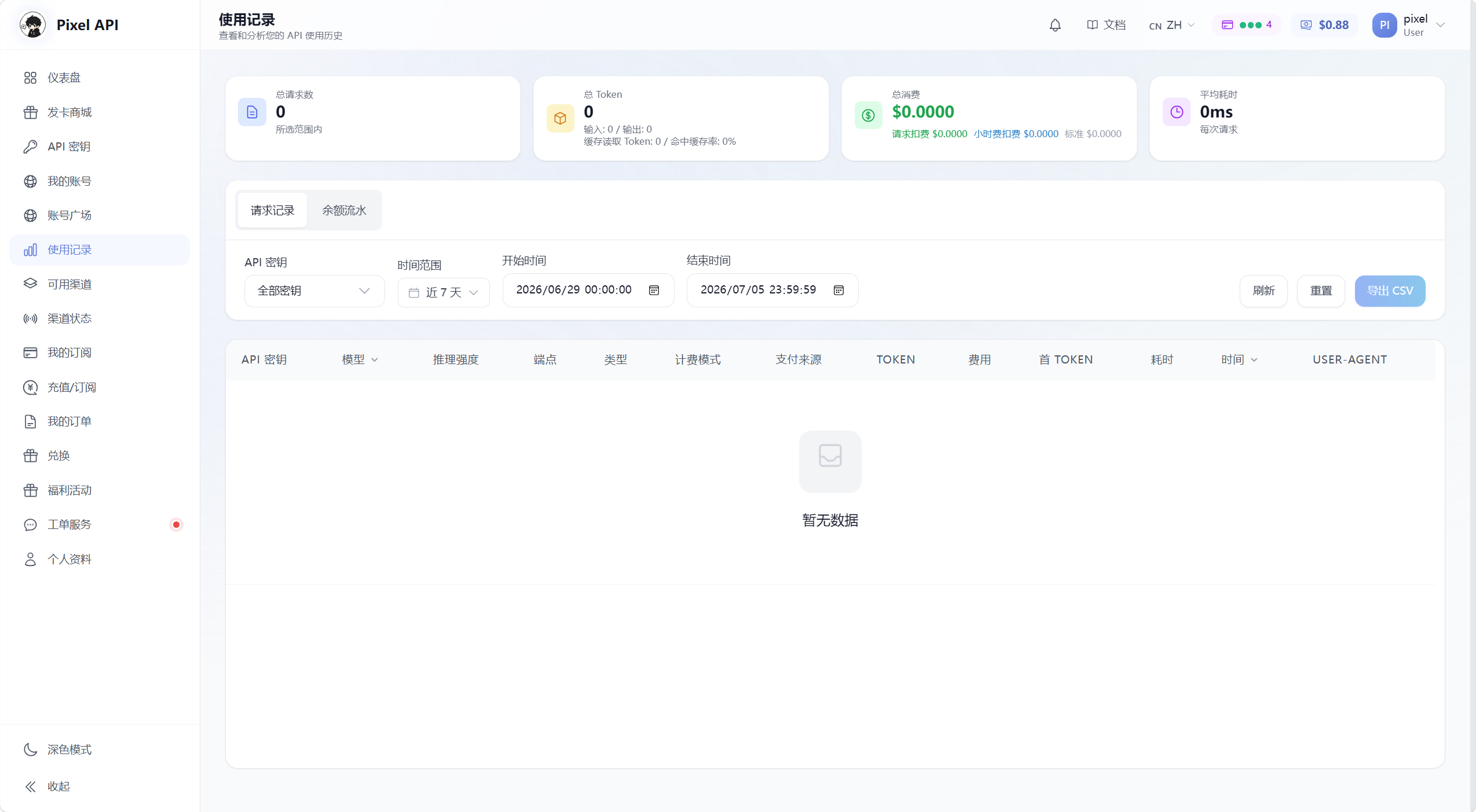 Pixel API 使用记录页面截图，展示请求记录、余额流水切换、API 密钥筛选、时间范围和导出按钮