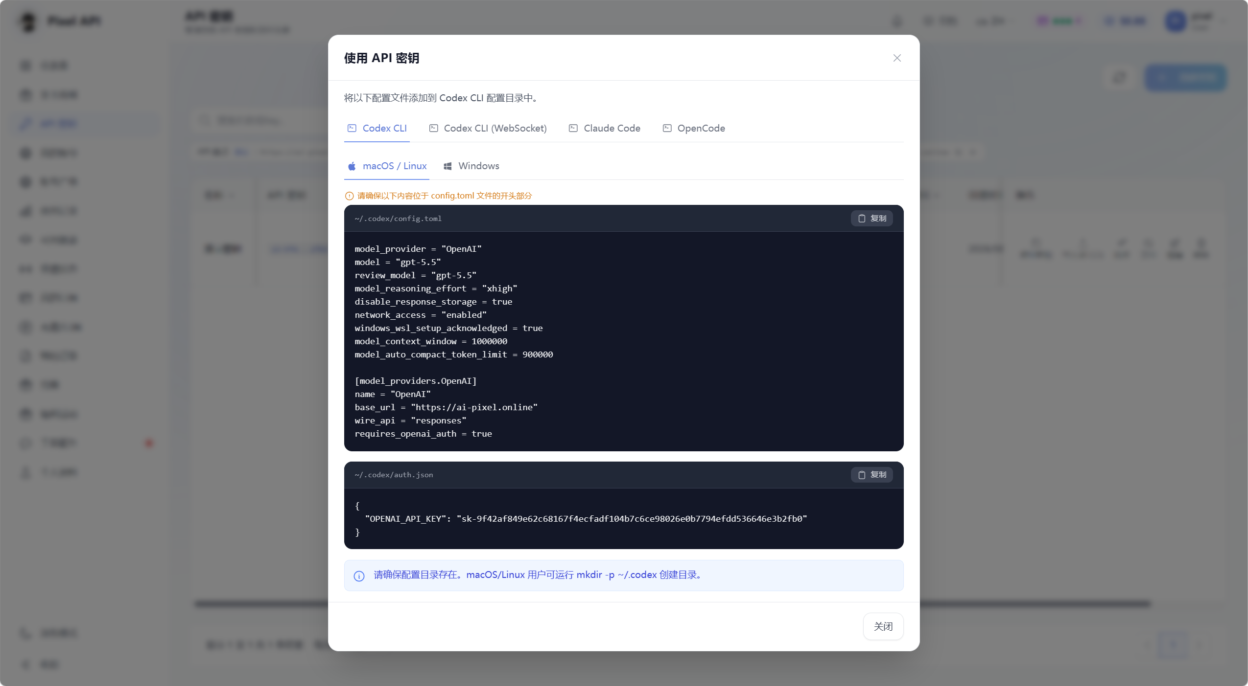 Pixel API 使用 API 密钥弹窗截图，展示 Codex CLI、Codex WebSocket、Claude Code 和 OpenCode 的配置示例